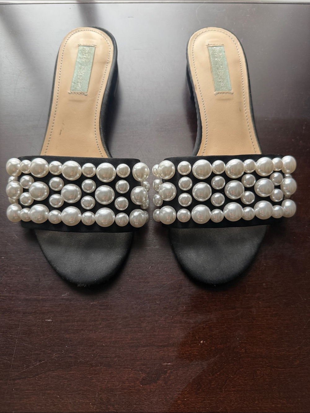 Betsey Johnson Black Pearl-Embellished Slide Mules